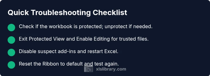 Checklist infographic showing steps to fix grayed-out Excel toolbar