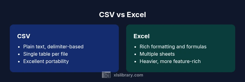 A visual comparison of CSV and Excel formats highlighting plain-text vs rich workbook features