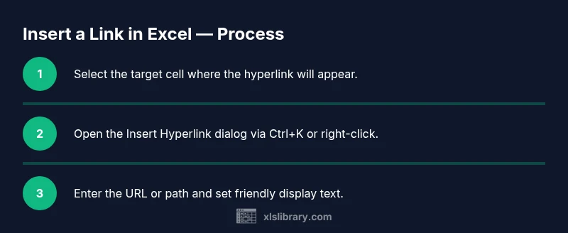 Process infographic showing how to insert hyperlinks in Excel