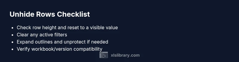 Checklist infographic for unhide rows troubleshooting in Excel