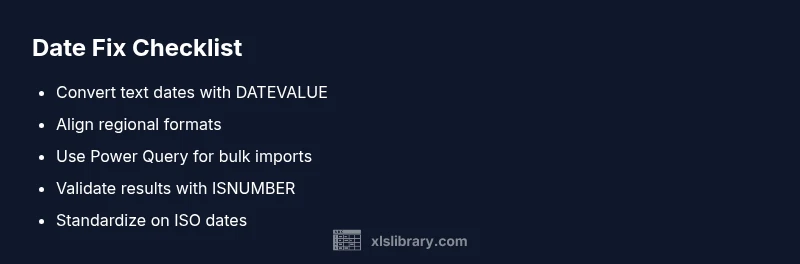 Checklist infographic for fixing Excel date recognition issues