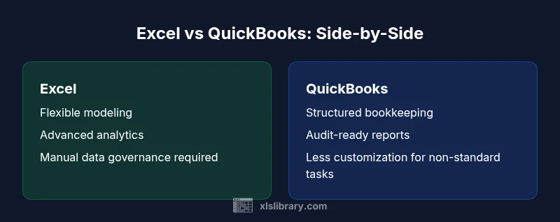 Side-by-side Excel vs QuickBooks infographic showing strengths and weaknesses