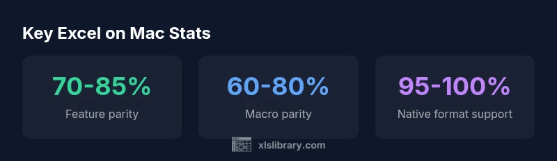 Excel on Mac statistics infographic showing feature parity, macro support, and file format compatibility.