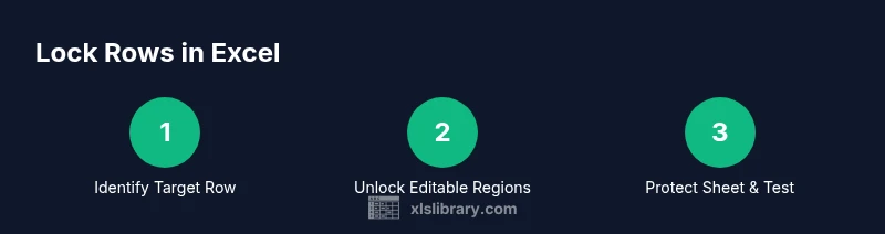 Infographic showing a three-step process to lock a row in Excel