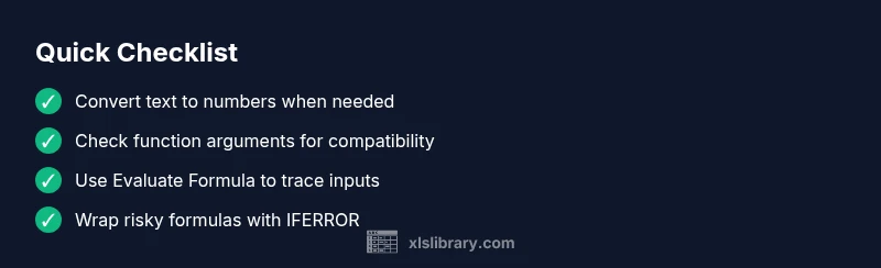 Checklist showing steps to fix Excel #VALUE! error