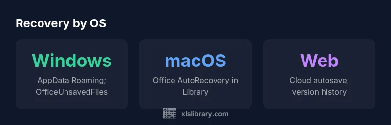 Infographic showing Windows, macOS, and Web recovery paths for Excel recovery files
