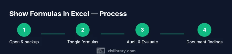 Infographic showing four steps to reveal formulas in Excel